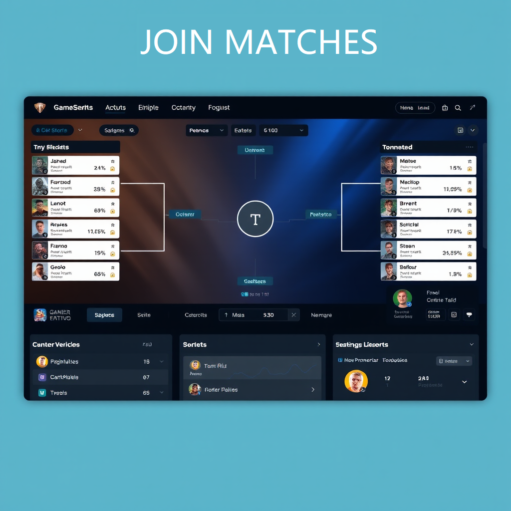 Join Matches competitive gaming platform interface showing tournament brackets, player statistics, and engagement tools for game studios and esports organizers