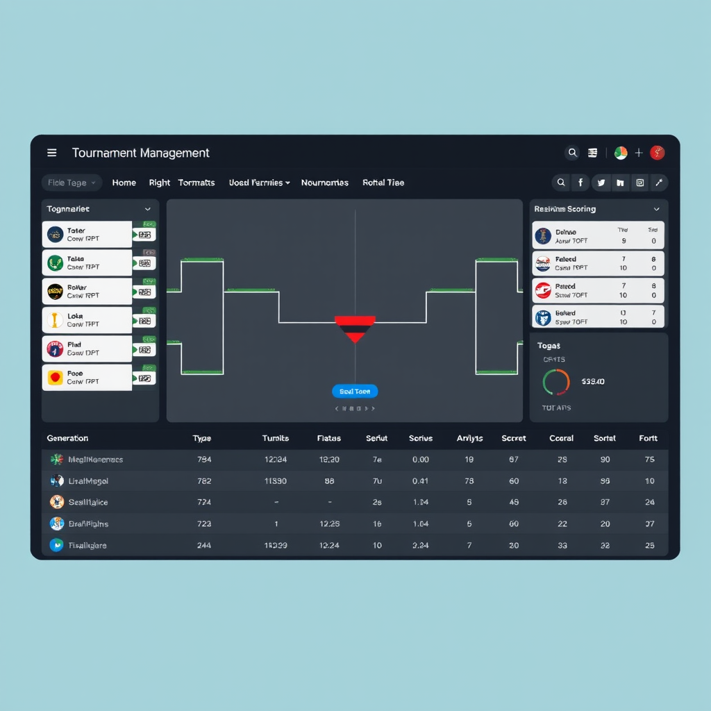 Tournament management dashboard showing bracket generation interface with multiple tournament formats and real-time scoring system