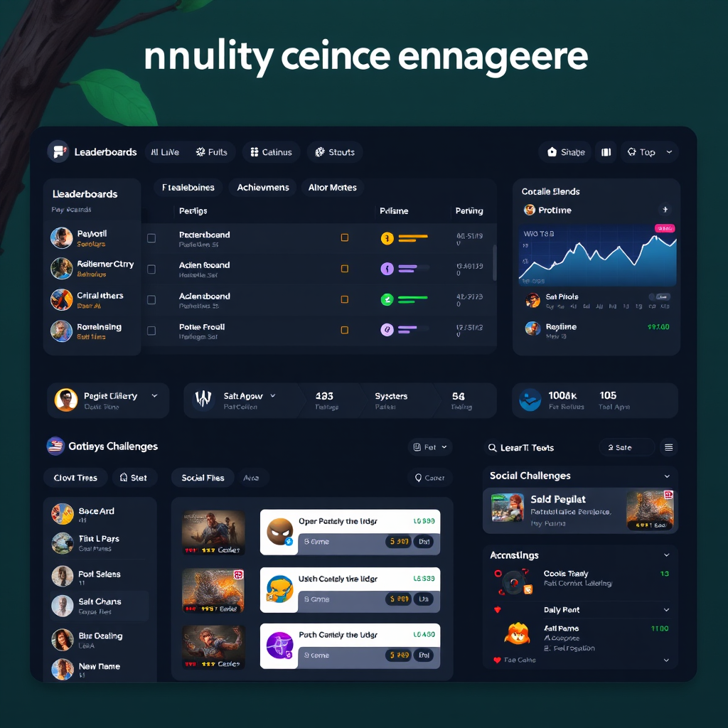 Community engagement dashboard showing player leaderboards, achievement systems, and social challenges interface with dark theme and gaming elements