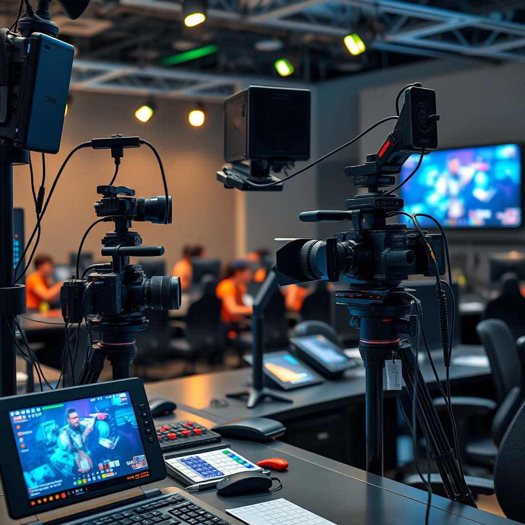 Professional broadcasting setup with multiple cameras, streaming equipment, and control panels for competitive gaming events