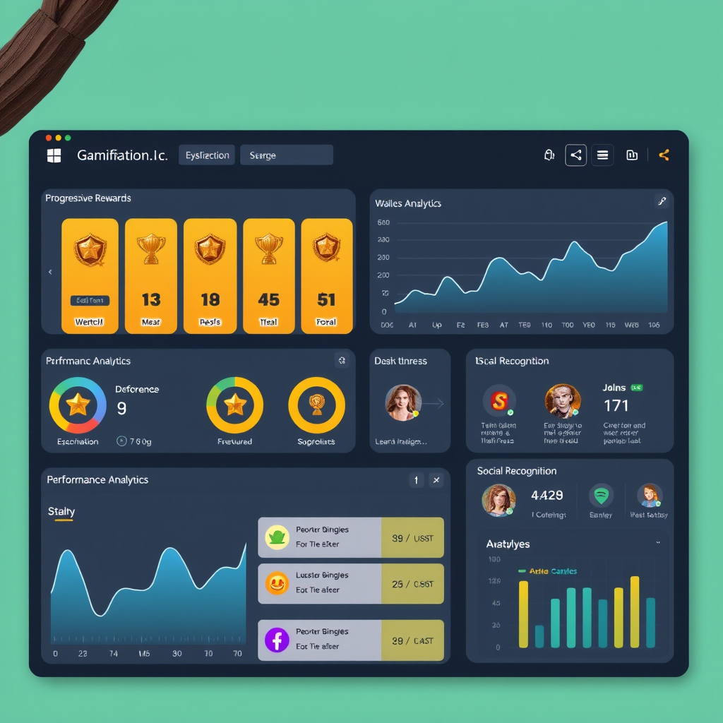 Gamification dashboard displaying progressive reward systems, performance analytics charts, and social recognition features with modern gaming interface design