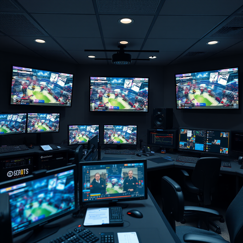 Advanced production control room with multiple monitors displaying live gameplay feeds, graphics overlays, and streaming statistics for professional esports broadcasting