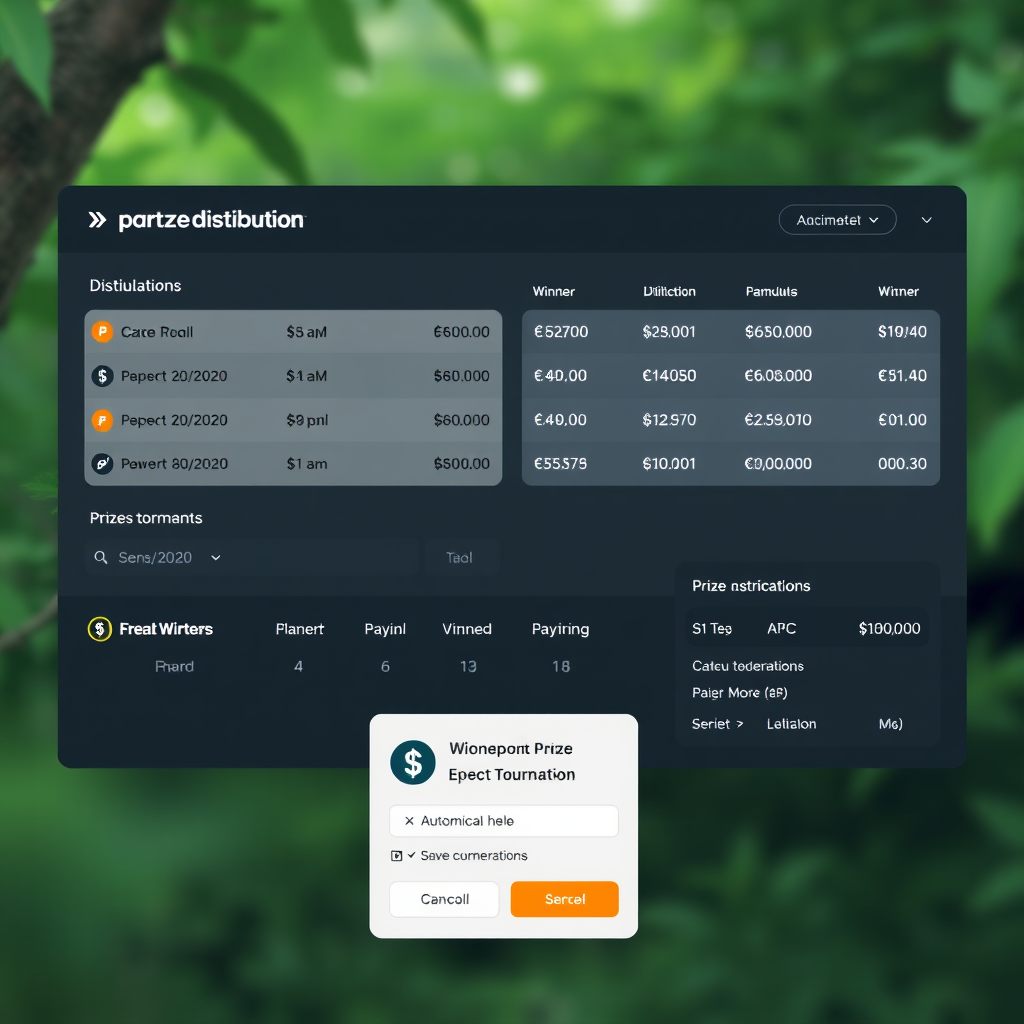 Prize distribution interface showing automated prize pool calculations, payout schedules, and winner notification system for esports tournaments