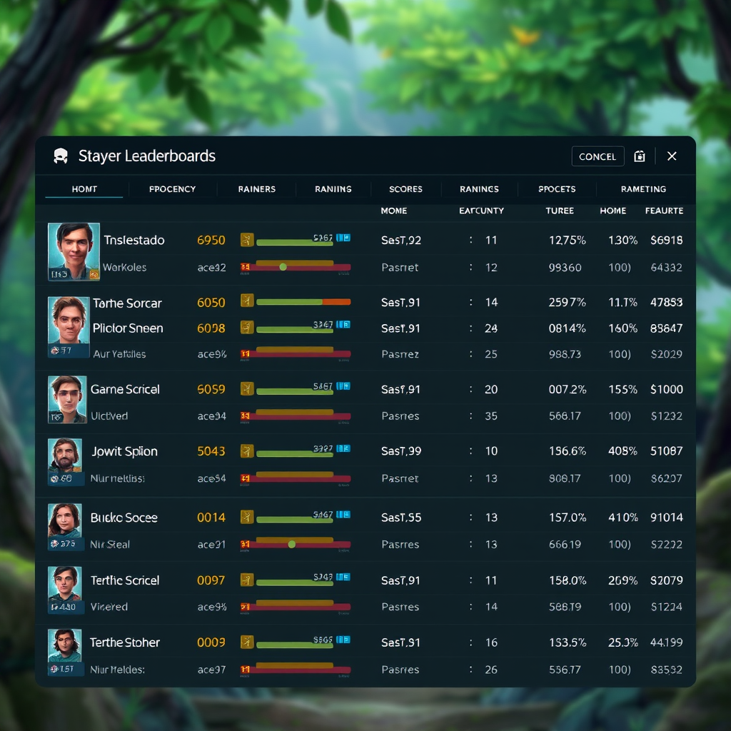 Interactive player leaderboards showing top performers with rankings, scores, and competitive statistics in gaming community platform
