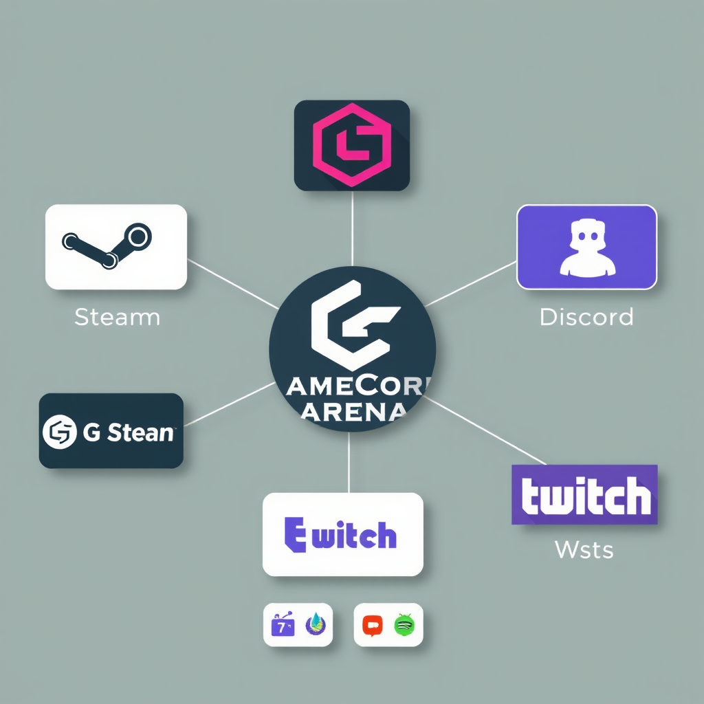 Network diagram showing Join Matches connected to Steam, Discord, Twitch, and other gaming platforms