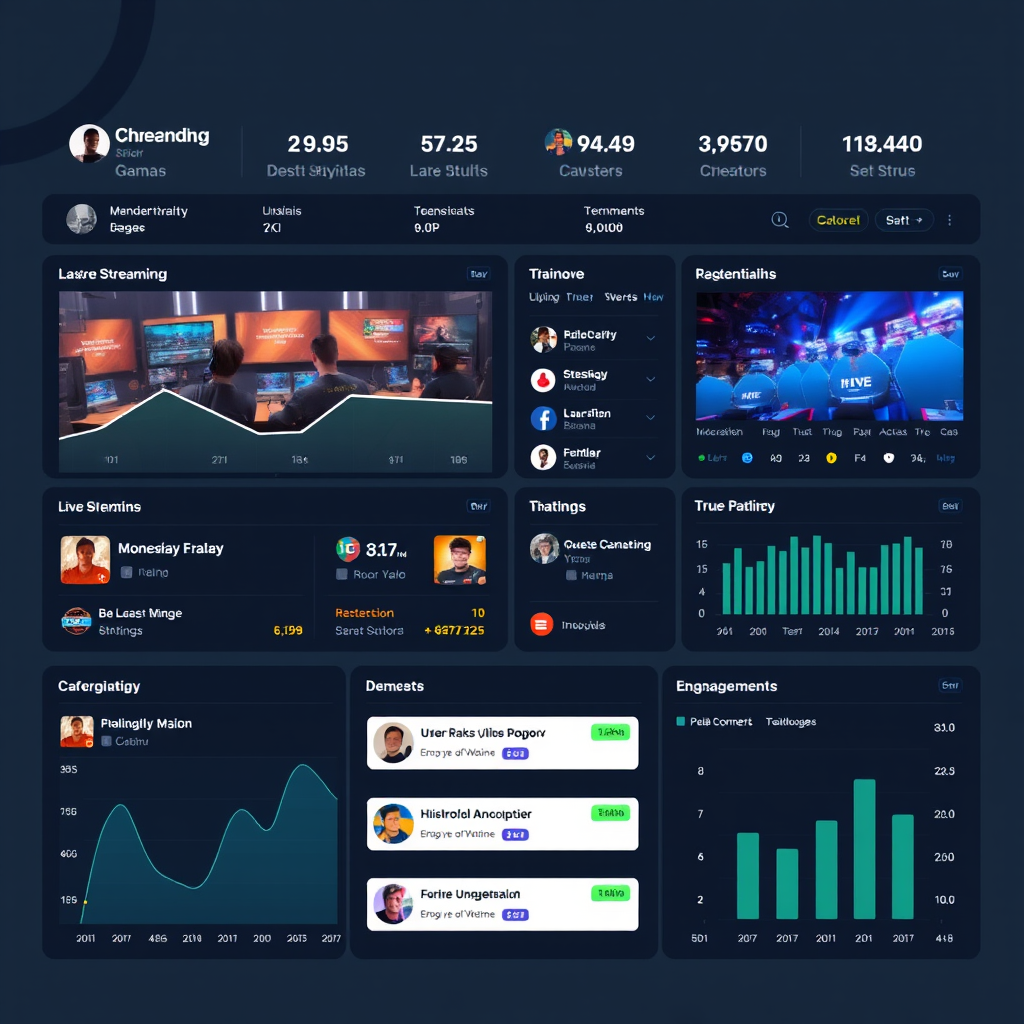 Social media dashboard showing live streaming statistics, chat interactions, and engagement metrics across multiple platforms during a competitive gaming tournament