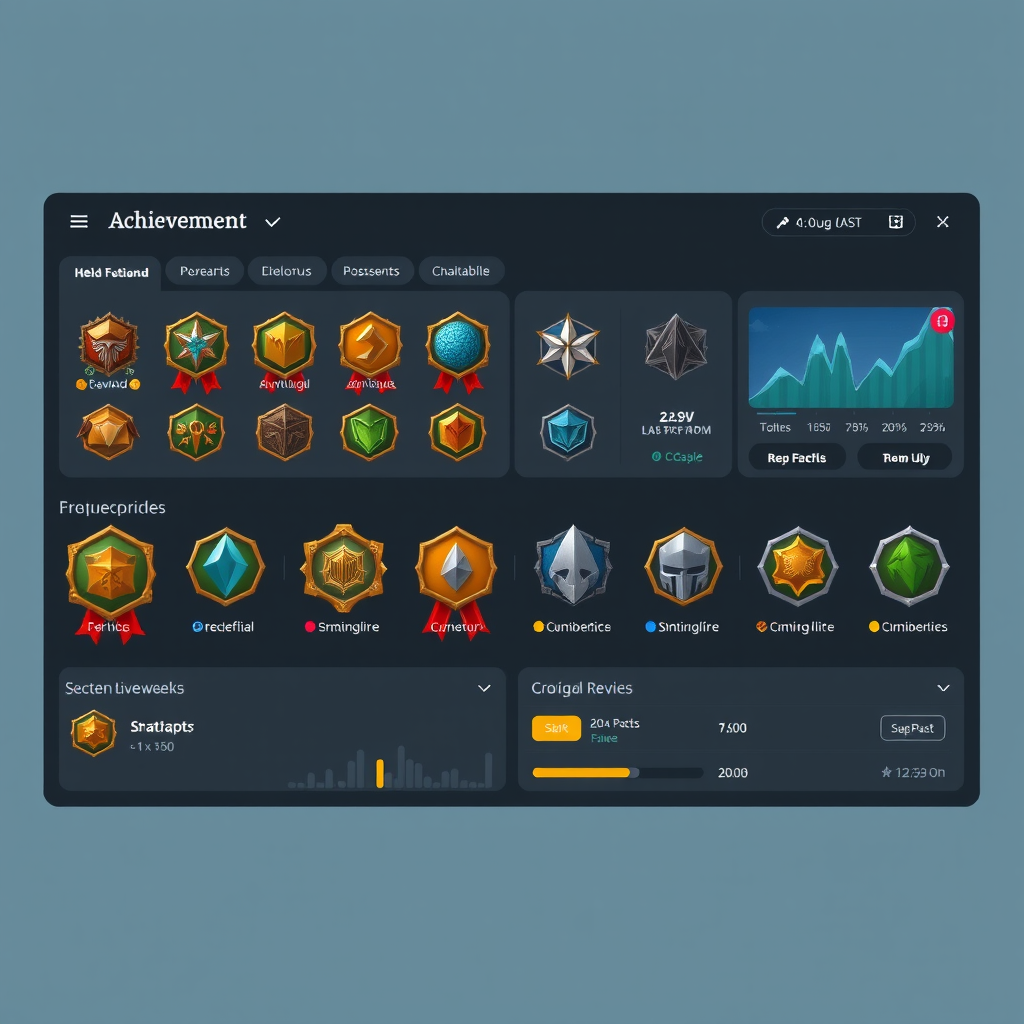 Achievement system interface displaying various badges, milestones, and progress tracking for gaming community engagement platform