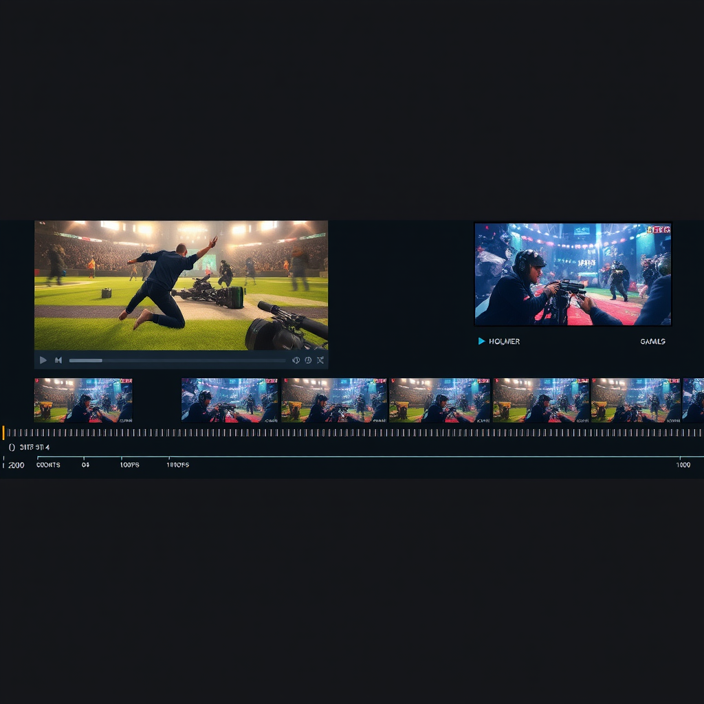 Video editing timeline showing highlight reel production with multiple gameplay clips, transitions, and effects for competitive gaming tournament recap