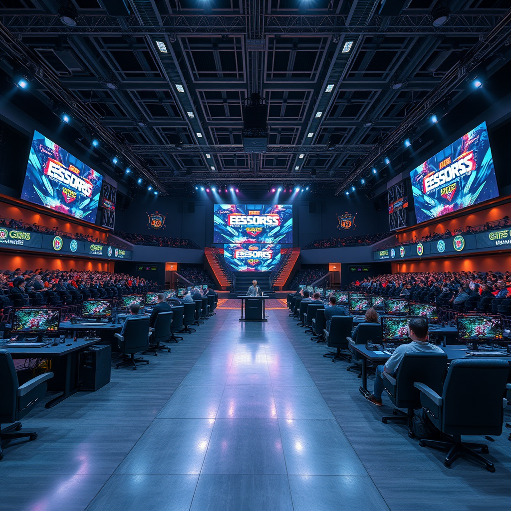 Large professional esports tournament arena with multiple gaming stations, big screens, and audience seating for competitive gaming championship