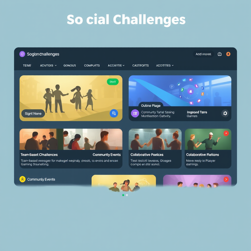 Social challenges interface showing team-based competitions, community events, and collaborative gaming activities for player engagement