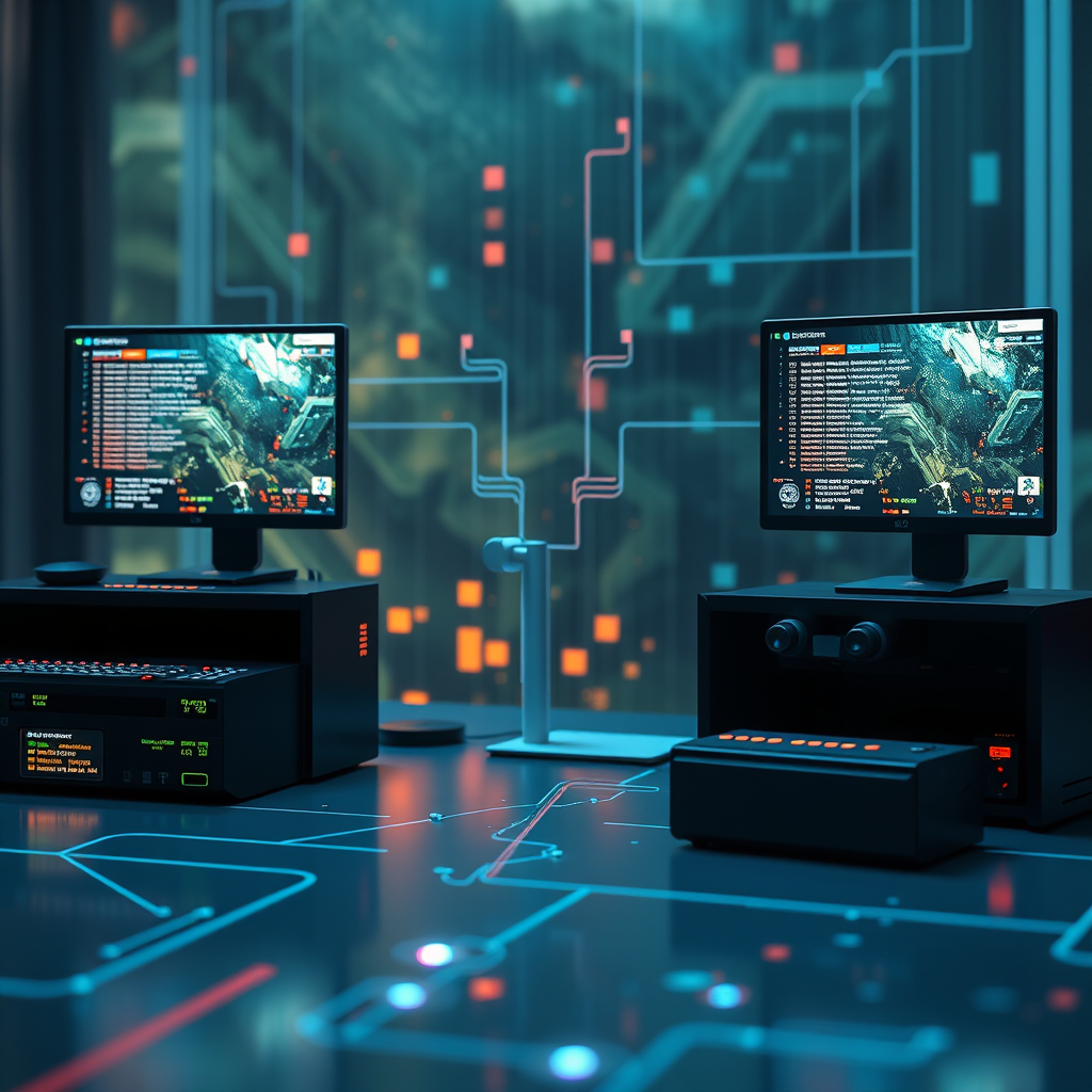 Real-time data synchronization visualization showing live updates across connected gaming systems
