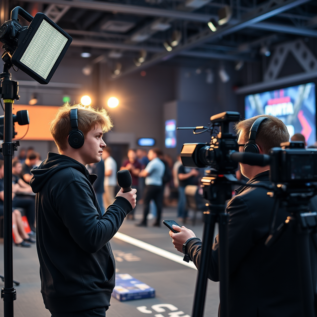 Professional interview setup with lighting equipment and cameras for post-match player interviews at competitive gaming tournament