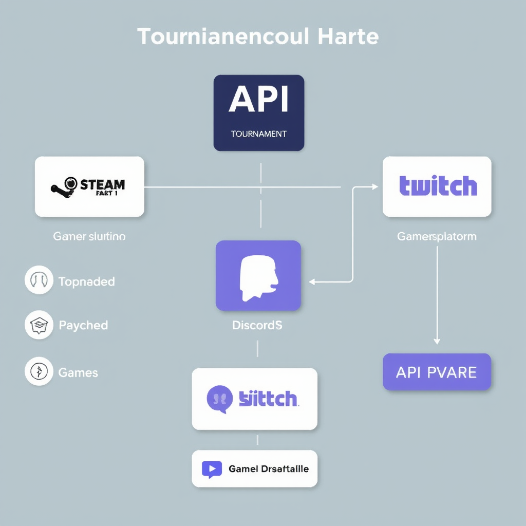 Technical diagram showing API connections between tournament platform and various gaming services including Steam, Discord, Twitch, and game-specific APIs