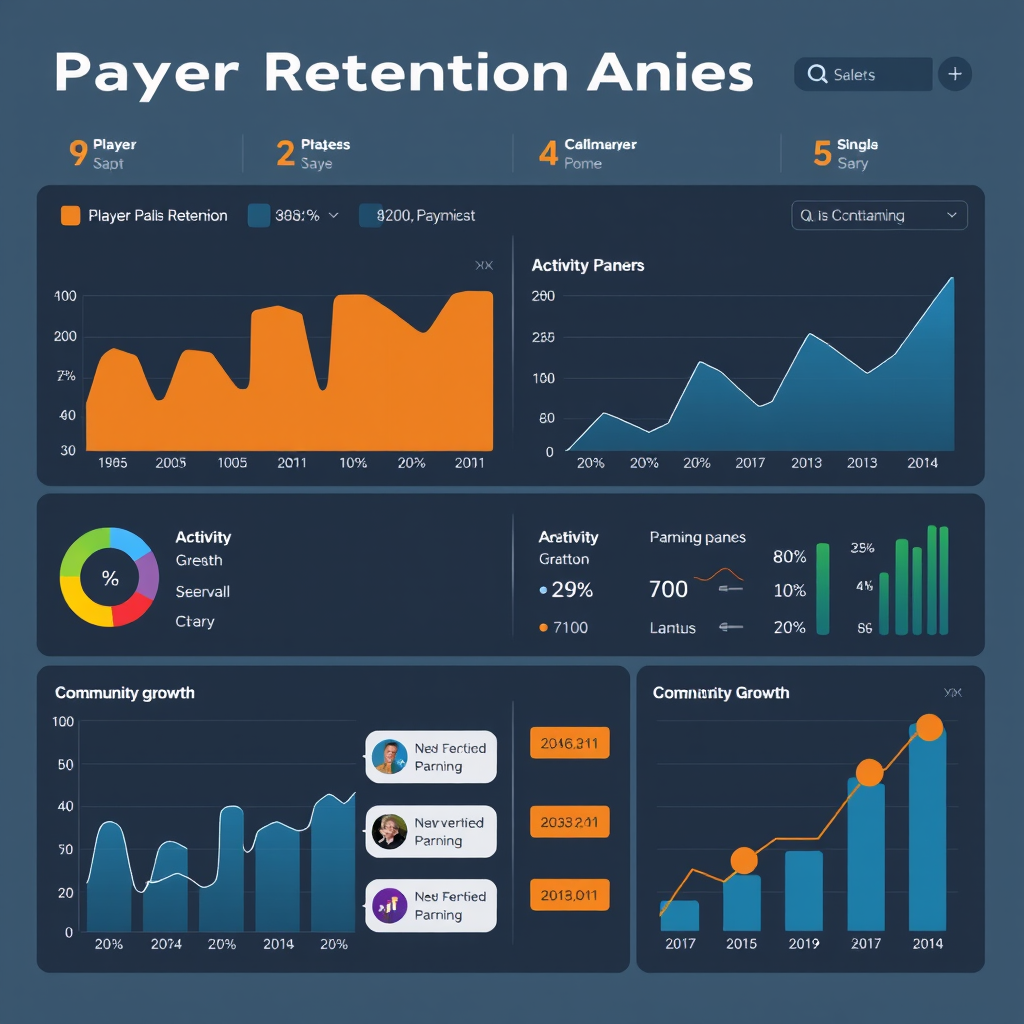 Player retention analytics dashboard showing engagement metrics, activity patterns, and community growth statistics for gaming platform optimization