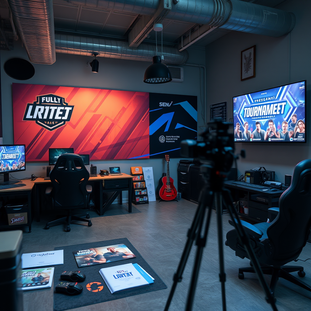 Promotional video content creation workspace showing tournament branding, sponsor integration, and marketing materials for competitive gaming events